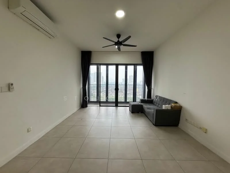 Living features: floor-to-ceiling windows, sliding glass door, grey fabric sofa, 5-blade ceiling fan with light, air conditioning unit, neutral painted walls, tile flooring, blackout curtains, decorative wall, city view; style: modern; view: city.