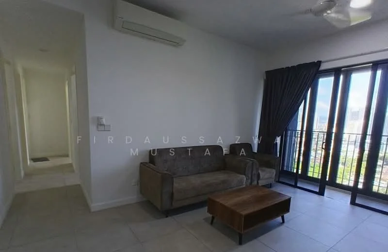 Living features: 3-seater fabric sofa in grey, wooden coffee table, floor-to-ceiling windows, blackout curtains, wall-mounted split AC, light-colored tiled flooring, ceiling fan, neutral painted walls; style: modern; view: city. Room features: light-colored tiled flooring, neutral painted walls, doorway leading to hallway.