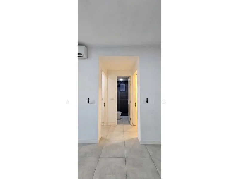 Room features: white painted walls, tile flooring, 1 wall-mounted split AC, doorway leading to bathroom, doorway leading to hallway, neutral color scheme, recessed lighting; style: modern.