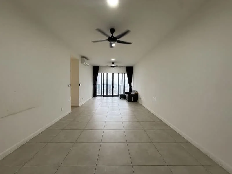 Living features: white painted walls, tile flooring, 5-blade ceiling fan with light, floor-to-ceiling windows, blackout curtains, city view, recessed downlights, open layout; style: modern; view: city.