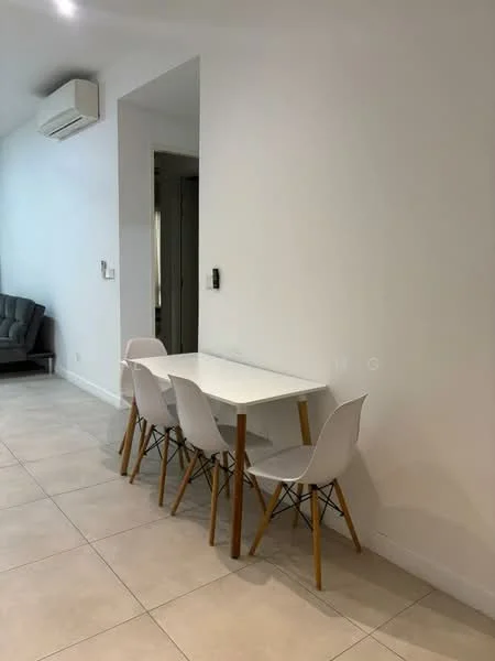 Dining features: white rectangular dining table, 4 white plastic dining chairs with wooden legs, light beige tiled flooring, white painted walls, wall-mounted air conditioning unit, doorway leading to another room; style: modern. Living features: grey fabric sofa, light beige tiled flooring, white painted walls; style: modern.