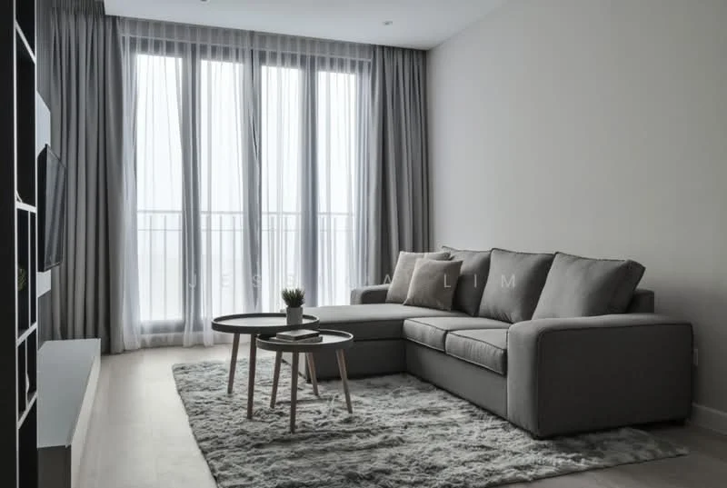 Living features: L-shape sectional sofa in grey, 2 round coffee tables, area rug with geometric pattern, floor-to-ceiling windows, sheer curtains, light-coloured walls, wooden flooring, decorative plant on coffee table; style: modern.