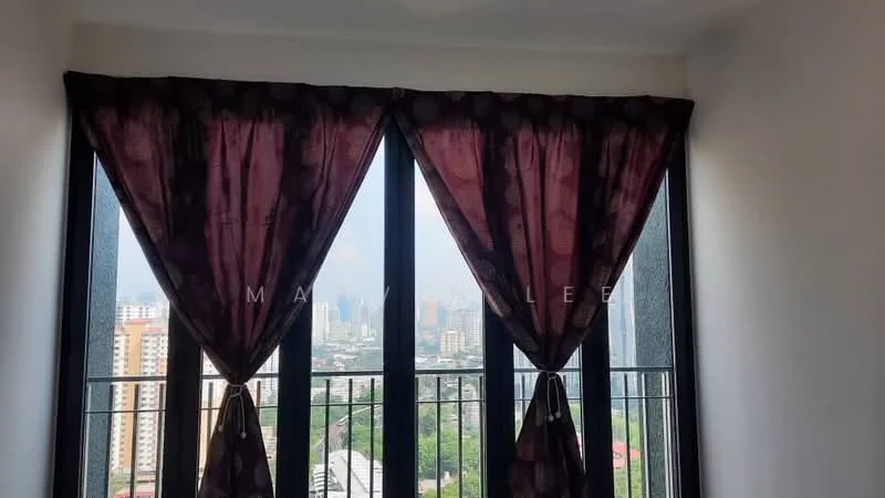 Room features: floor-to-ceiling windows, black metal railing, purple curtains, white painted walls, city view; style: modern; view: city.