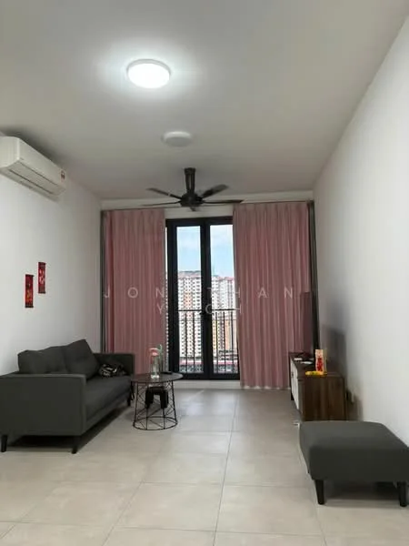 Living features: grey fabric sofa, coffee table, side table, floor-to-ceiling windows, sheer curtains, 5-blade ceiling fan with light, wall-mounted air conditioning unit, light-colored tile flooring, decorative wall art, view of city skyline; style: modern; view: city.