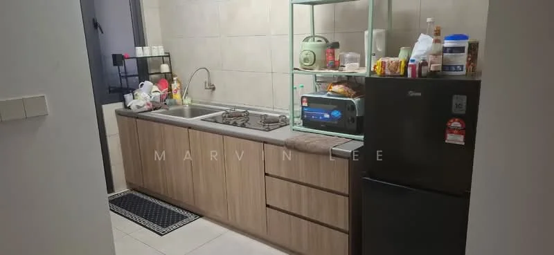 Kitchen features: double-bowl stainless-steel sink, chrome pull-down faucet, granite countertop, wood cabinetry, built-in gas hob, black fridge, microwave, kitchen shelf unit, ceramic tile flooring, wall-mounted storage, decorative kitchen mat; style: modern.