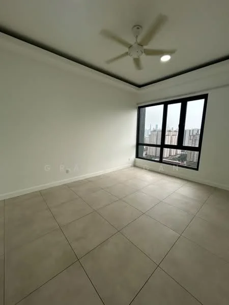 Room features: white painted walls, tray ceiling, 5-blade ceiling fan, large floor-to-ceiling windows, grey tiled flooring, city view, recessed downlights; style: modern; view: city.