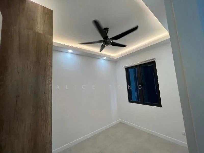 Room features: white painted walls, recessed LED downlights, 5-blade ceiling fan, grey tile flooring, black framed window; style: modern.