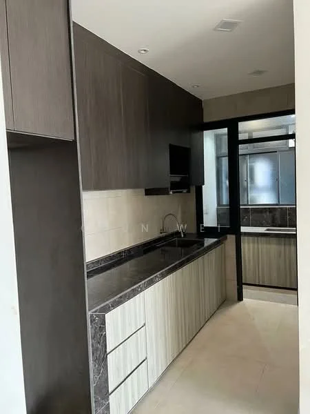 Kitchen features: dark wood cabinetry, light wood cabinetry, black marble countertop, stainless-steel sink, chrome pull-down faucet, built-in wall-mounted TV, glass panel door, tile backsplash, recessed downlights, cream tiled flooring; style: modern.