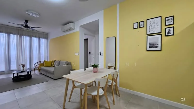 Living features: yellow painted walls, white ceiling, 5-blade ceiling fan, floor-to-ceiling windows, sheer curtains, light grey sofa, wooden coffee table, area rug, dining table with 4 white chairs, decorative wall art, mirror, indoor plant; style: modern.