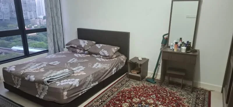 Bedroom features: queen-size bed with floral bedding, wooden headboard, nightstand with drawer, table lamp, dressing table with mirror, wooden chair, area rug with traditional pattern, floor-to-ceiling window, curtains, decorative items on dressing table; style: modern; view: city.