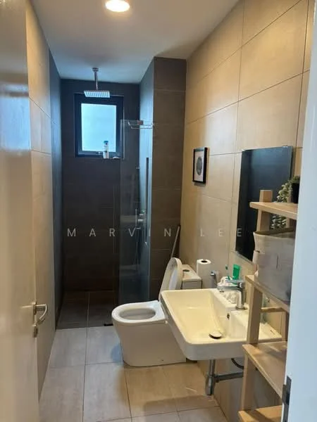 Bathroom features: walk-in shower with glass enclosure, rain shower head, single-sink vanity with wall-mounted faucet, white ceramic sink, one-piece toilet, tile cladding on walls, grey tile flooring, mirror above vanity, wooden shelving unit, window for natural light, towel rack, toilet paper holder; style: modern.