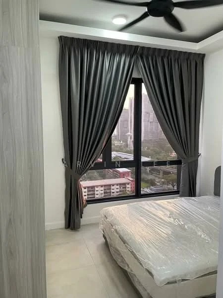 Bedroom features: queen-size bed with plastic wrap, floor-to-ceiling window, grey curtains, ceiling fan, light-colored tiled flooring, light grey accent wall, built-in wardrobe, city view; style: modern; view: city.