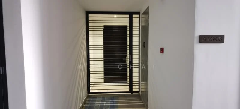 Room features: metal security gate, black door, white painted walls, striped carpet runner, intercom panel, door number plaque; style: modern.