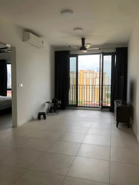 Living features: large floor-to-ceiling windows, blackout curtains, 5-blade ceiling fan, wall-mounted TV, light-colored tiled flooring, white painted walls, air conditioning unit, small side table, dark wood TV console; style: modern; view: city.