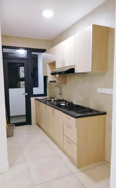Kitchen features: laminate cabinetry in light wood finish, black granite countertop, stainless-steel sink, chrome pull-down faucet, 4-burner gas hob, built-in range hood, ceramic tile flooring, white tiled backsplash, window with black frame, door leading to outside, under-cabinet lighting; style: modern.