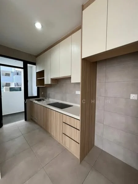 Kitchen features: light wood cabinetry, white upper cabinets, grey tiled backsplash, white countertop, single-bowl stainless-steel sink, built-in stove, drawer storage, open shelving, recessed lighting, large window, neutral tile flooring; style: modern.