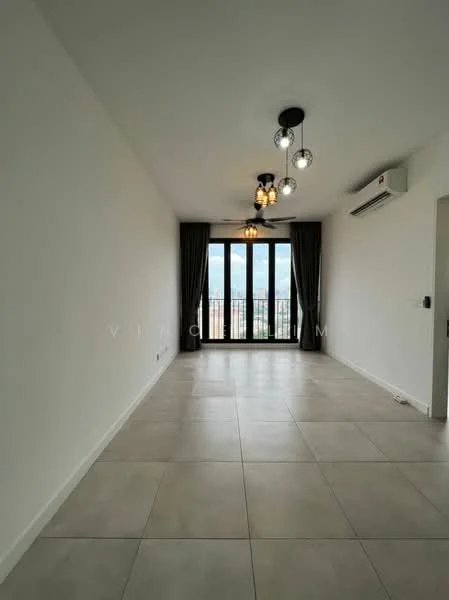 Living features: white painted walls, tile flooring, 5-blade ceiling fan with light, recessed downlights, floor-to-ceiling windows, sliding glass door, curtains, wall-mounted split AC; style: modern; view: city.