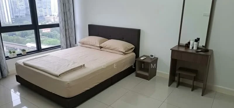 Bedroom features: king-size bed with beige bedding, upholstered headboard, nightstand with drawer, table lamp on nightstand, dressing table with mirror, wooden chair, floor-to-ceiling window, curtains, light-colored tiled flooring, decorative wall, minimalist decor; style: modern; view: garden.