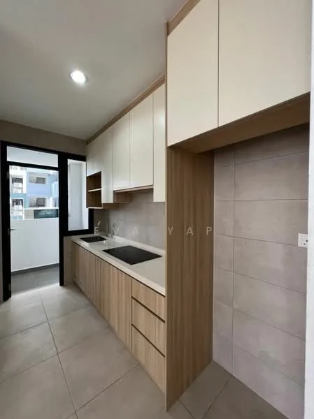 Kitchen features: white upper cabinets, wood lower cabinets, grey countertop, double-bowl stainless-steel sink, chrome pull-down faucet, tile backsplash, ceramic tile flooring, large window, sliding glass door to balcony, built-in oven, stainless-steel range hood; style: modern; view: city.