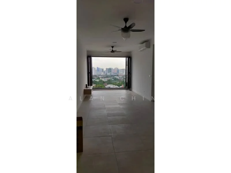 Living features: large floor-to-ceiling windows, city skyline view, light grey tiled flooring, 2 ceiling fans, white painted walls, air conditioning unit, open layout, minimalist decor; style: modern; view: city.
