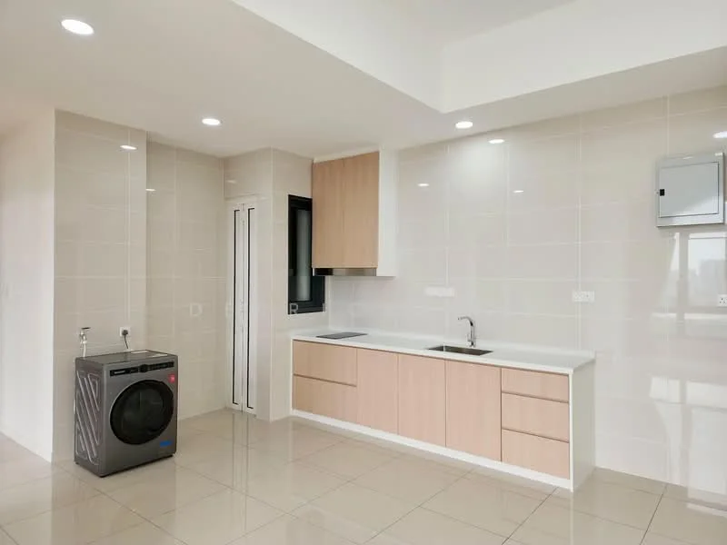 Laundry features: light-coloured tiled flooring, white walls, wood cabinetry, stainless-steel sink, single-bowl stainless-steel sink, built-in countertop, front-load washing machine, recessed LED downlights, window for natural light, modern design; style: modern.