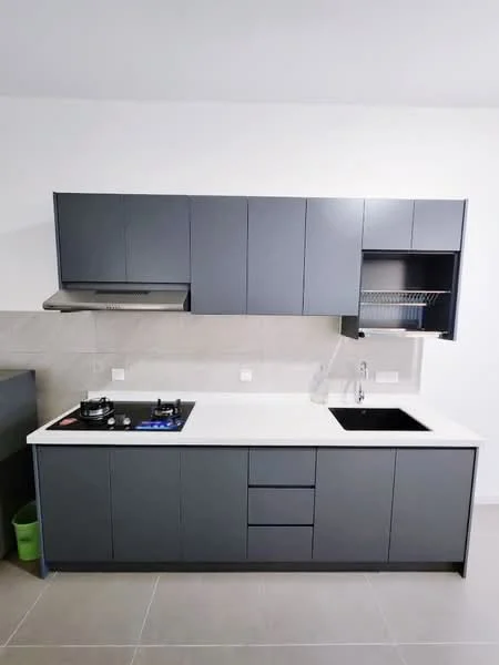 Kitchen features: grey cabinetry, white quartz countertop, single-bowl black sink, chrome pull-down faucet, built-in gas stove with 2 burners, stainless-steel range hood, wall-mounted storage rack, tile backsplash, grey tile flooring; style: modern.