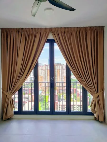Room features: floor-to-ceiling windows, brown curtains, grey tiled flooring, ceiling fan, city view; style: modern; view: city.