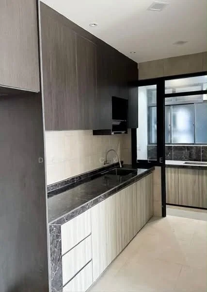 Kitchen features: dark wood cabinetry, light wood cabinetry, black marble countertop, stainless-steel sink, chrome pull-down faucet, built-in oven, glass backsplash, recessed downlights, tile flooring, kitchen island, microwave, window with frosted glass, open shelving; style: modern.