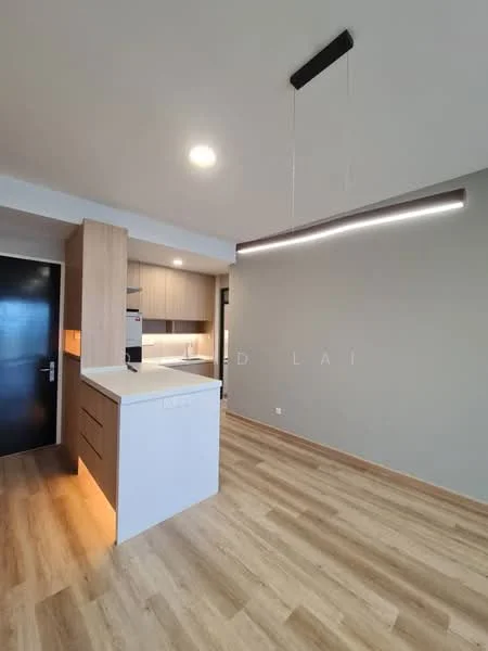 Kitchen features: light wood cabinetry, white countertop, stainless-steel appliances, built-in oven, refrigerator, single-bowl stainless-steel sink, chrome pull-down faucet, pendant lighting, open layout, laminate flooring, grey painted walls; style: modern.