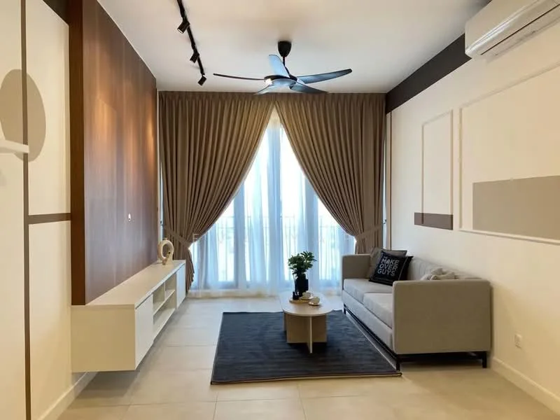 Living features: grey fabric sofa, coffee table, area rug, wall-mounted TV console, 5-blade ceiling fan with light, floor-to-ceiling windows, sheer curtains, dark wood accent wall, decorative plant, decorative throw pillows; style: modern.