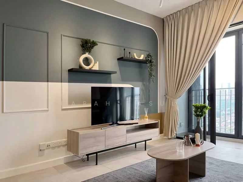 Living features: grey accent wall, white painted wall, floating shelves, wall-mounted TV, light wood TV console, round coffee table, decorative vase, houseplants in ceramic pots, floor-to-ceiling windows with sheer curtains, tile flooring, recessed lighting; style: modern; view: city.