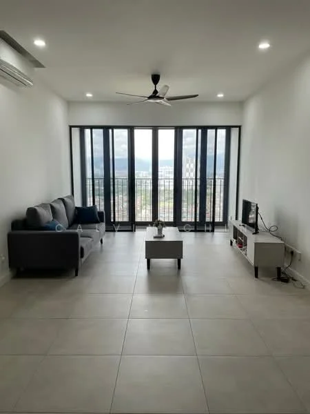 Living features: grey fabric 3-seater sofa, white coffee table, TV console, wall-mounted TV, floor-to-ceiling windows, sliding glass door, light-colored tile flooring, ceiling fan with light, recessed downlights, decorative wall, mountain view; style: modern; view: mountain.