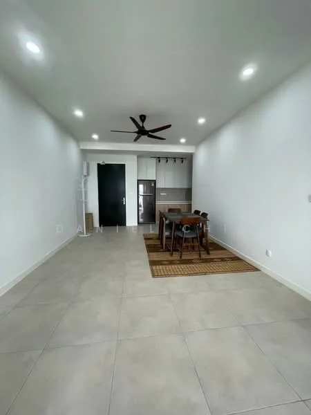 Living features: white painted walls, tile flooring, 5-blade ceiling fan with light, dining table with 4 chairs, rug under dining table, recessed LED downlights, open kitchen area, kitchen cabinetry, black refrigerator, door leading to hallway; style: modern.
