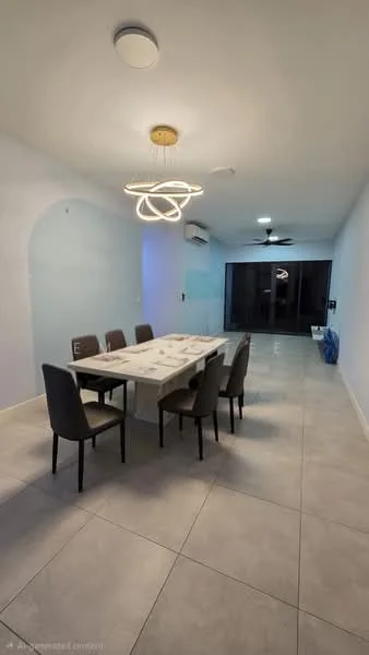 Dining features: 6-seater dining table, upholstered dining chairs, chandelier light fixture, wall-mounted air conditioning unit, ceiling fan, light blue painted walls, grey tile flooring, sliding glass door, large window, decorative wall arch; style: modern.