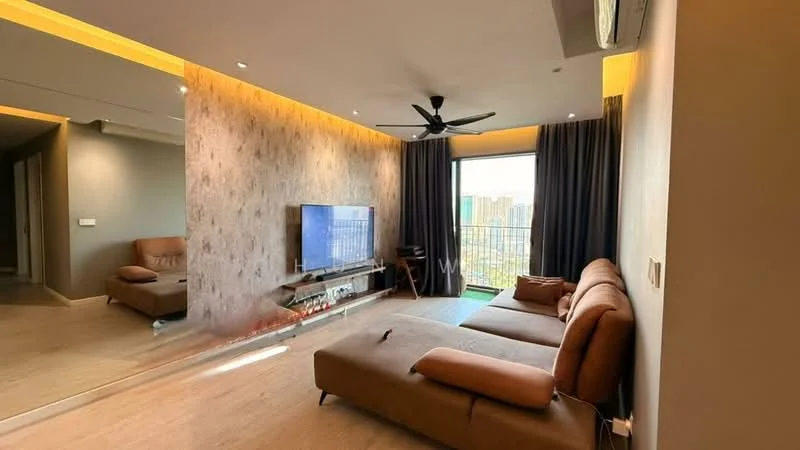 Living features: L-shape sectional sofa in brown, wall-mounted TV, wooden flooring, grey accent wall, recessed downlights, 5-blade ceiling fan, floor-to-ceiling windows with curtains, glass coffee table, decorative wall mirror, open layout, balcony access, TV console; style: modern; view: city.