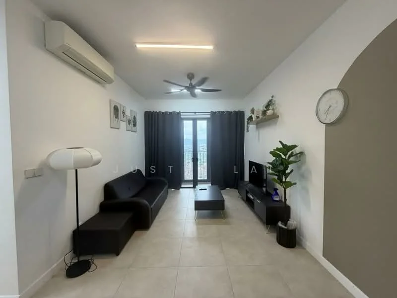 Living features: 3-seater black fabric sofa, black coffee table, wall-mounted TV, TV console, floor-to-ceiling windows, sliding glass door, 5-blade ceiling fan with light, air conditioning unit, decorative wall clock, potted plant, framed artwork, grey curtains, light-colored tile flooring, white painted walls; style: modern; view: city.
