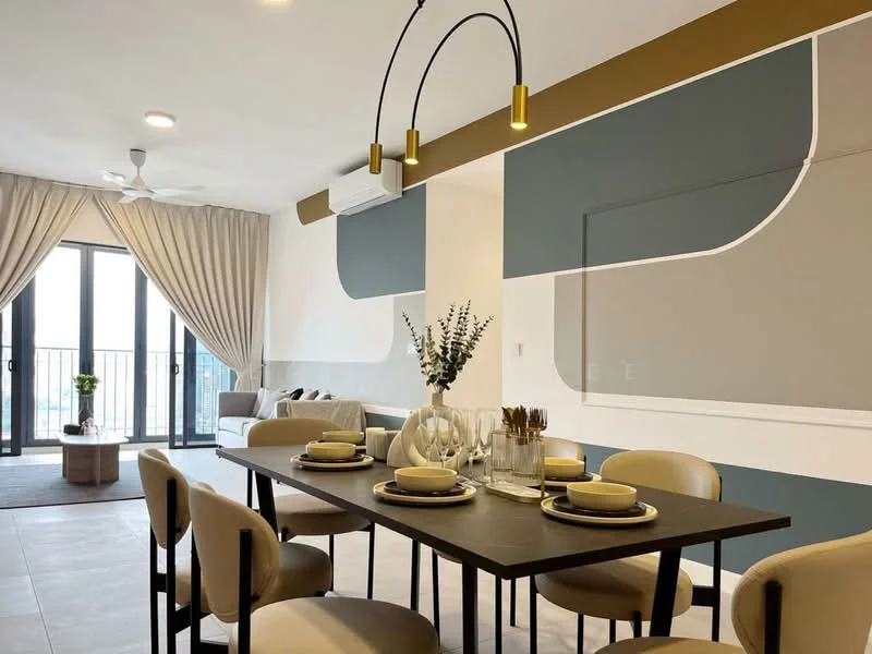 Dining features: dining table with black surface, 4 upholstered dining chairs in beige, decorative vase with greenery, table setting with plates and cutlery, pendant lighting with gold accents, wall with abstract paint design in grey and beige, floor-to-ceiling windows with sheer curtains, light-colored tiled flooring, air conditioning unit on wall, sofa visible in background, curtains in light fabric; style: modern; view: city.