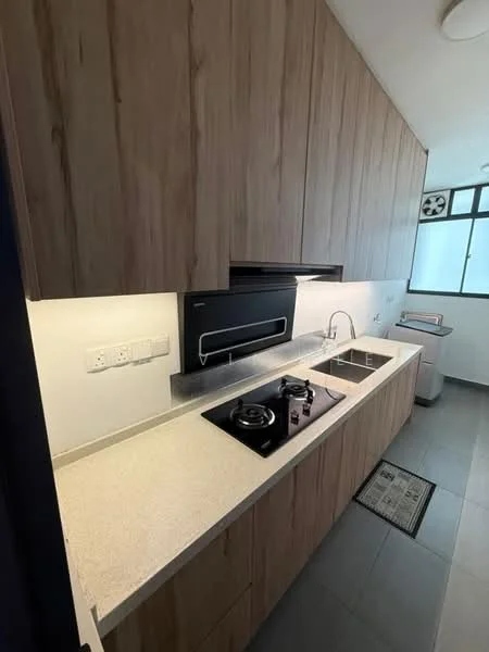 Kitchen features: laminate cabinetry in wood finish, white quartz countertop, single-bowl stainless-steel sink, chrome pull-down faucet, built-in gas hob, exhaust hood, tile backsplash, grey ceramic tile flooring, under-cabinet lighting, wall-mounted cabinets, open shelving, window with natural light; style: modern.