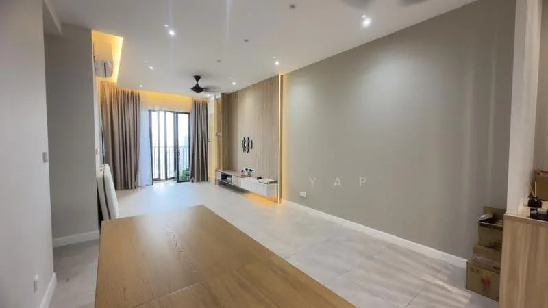 Living features: light grey painted walls, white ceiling, 5-blade ceiling fan with light, recessed downlights, floor-to-ceiling windows, sliding glass door, curtains, light wood dining table, TV console, wall-mounted TV, decorative wall with feature lighting, tile flooring; style: modern; view: city.