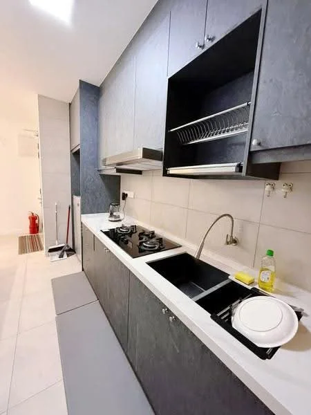 Kitchen features: grey cabinetry, white countertop, double-bowl stainless-steel sink, chrome pull-down faucet, 2-burner gas hob, built-in oven, wall-mounted range hood, tile backsplash, ceramic tile flooring, open shelving, dish rack, cleaning supplies visible; style: modern.