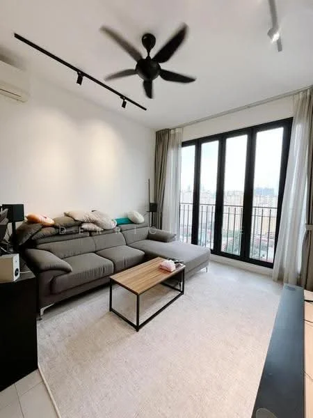 Living features: 3-seater fabric sofa in grey, coffee table with wooden top and black legs, 5-blade ceiling fan with light, wall-mounted split AC, floor-to-ceiling windows, sheer curtains, light-colored area rug, decorative cushions on sofa, black TV console, track lighting; style: modern; view: city.