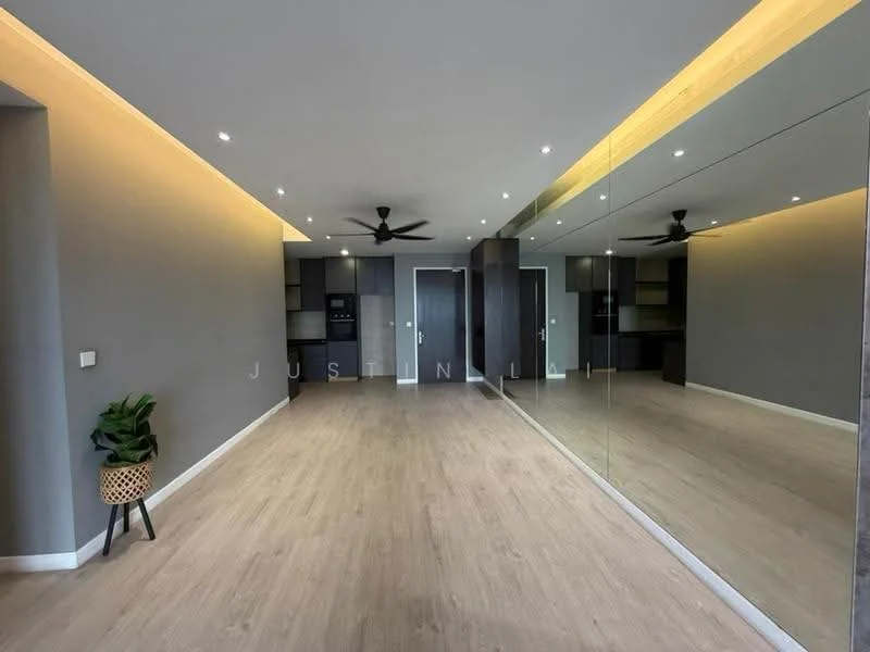 Living features: light wood laminate flooring, grey painted walls, recessed LED downlights, 5-blade ceiling fan, large mirror wall, open layout, plant in decorative pot, kitchen area visible in background; style: modern.