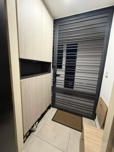 Room features: sliding security grille door, light-colored wooden cabinetry, built-in storage unit, tile flooring, doormat, wall-mounted coat rack, neutral wall color, corner bench; style: modern.