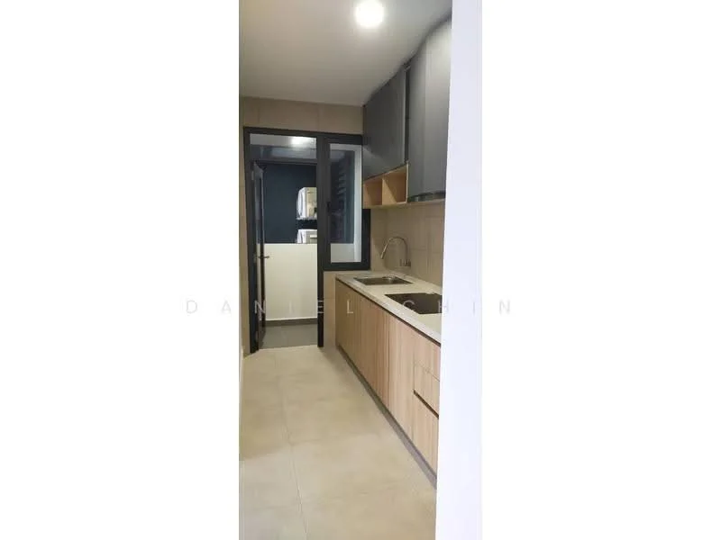 Kitchen features: single-bowl stainless-steel sink, chrome pull-down faucet, laminate countertop, wood cabinetry, grey upper cabinets, tile backsplash, built-in oven, ceramic tile flooring, recessed downlights, wall-mounted split AC; style: modern.