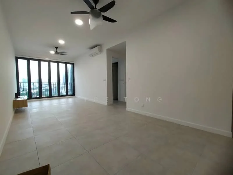Living features: light grey tiled flooring, white painted walls, 2 ceiling fans, floor-to-ceiling windows, air conditioning unit, neutral decor, open layout, natural light; style: modern; view: city.