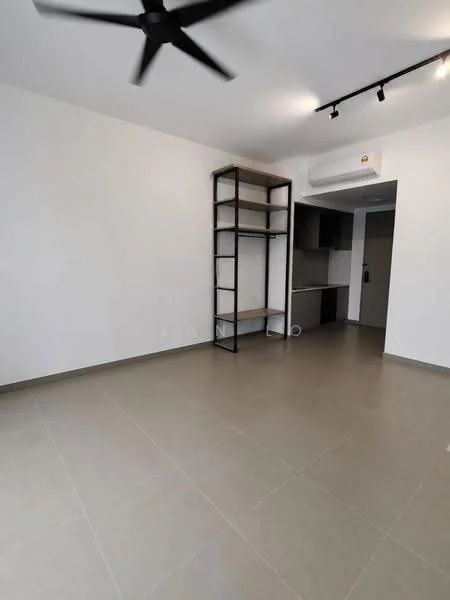Room features: light grey tiled flooring, white painted walls, ceiling fan, track lighting, open shelving unit, wall-mounted air conditioning unit, kitchen area visible in background; style: modern.