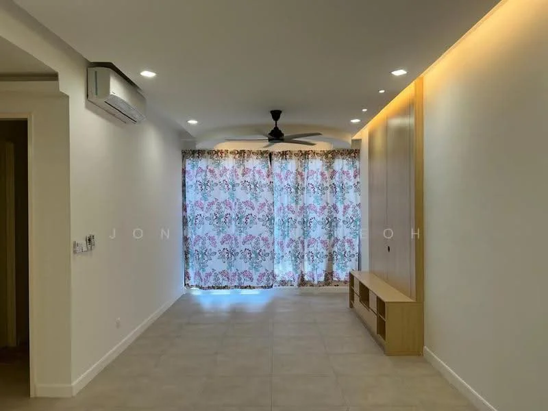 Living features: white painted walls, tile flooring, 5-blade ceiling fan with light, recessed downlights, floor-to-ceiling windows, sheer floral curtains, built-in wooden TV console, wooden feature wall with lighting; style: modern.