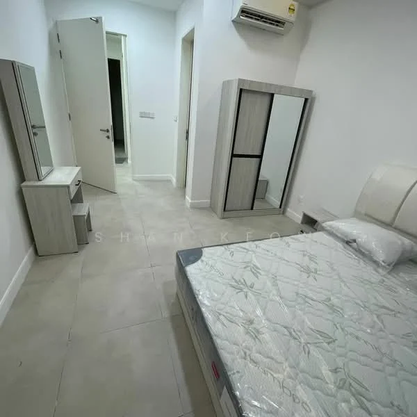 Bedroom features: queen-size bed, upholstered headboard, light grey bedding, 2-drawer bedside table, full-length mirror, wardrobe with sliding doors, wall-mounted split AC, light-coloured tiled flooring, white painted walls, door leading to hallway; style: modern.