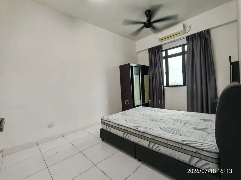 Bedroom features: white painted walls, tile flooring, 5-blade ceiling fan, window with sheer curtains, black wardrobe with mirrored doors, queen-size bed with mattress, air conditioning unit; style: modern; view: city.