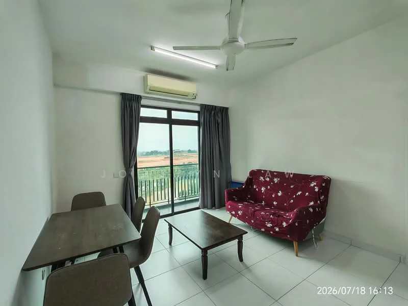 Living features: white painted walls, white ceiling, 5-blade ceiling fan with light, floor-to-ceiling windows, sliding glass door, grey curtains, red fabric sofa, wood coffee table, wood dining table, 2 dining chairs, tile flooring; style: modern; view: city.